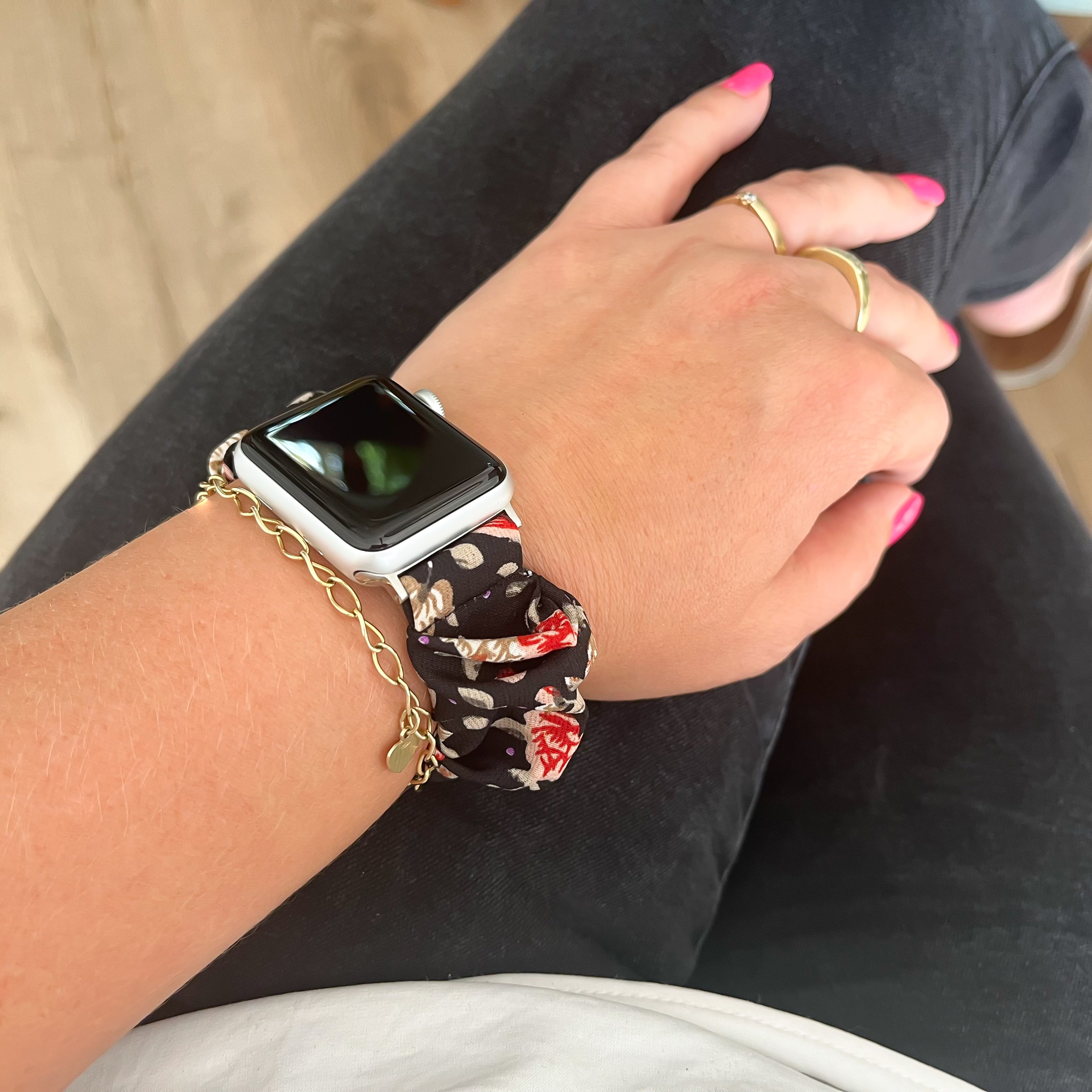 Apple Watch Nylon Scrunchie Strap - Black With Flowers