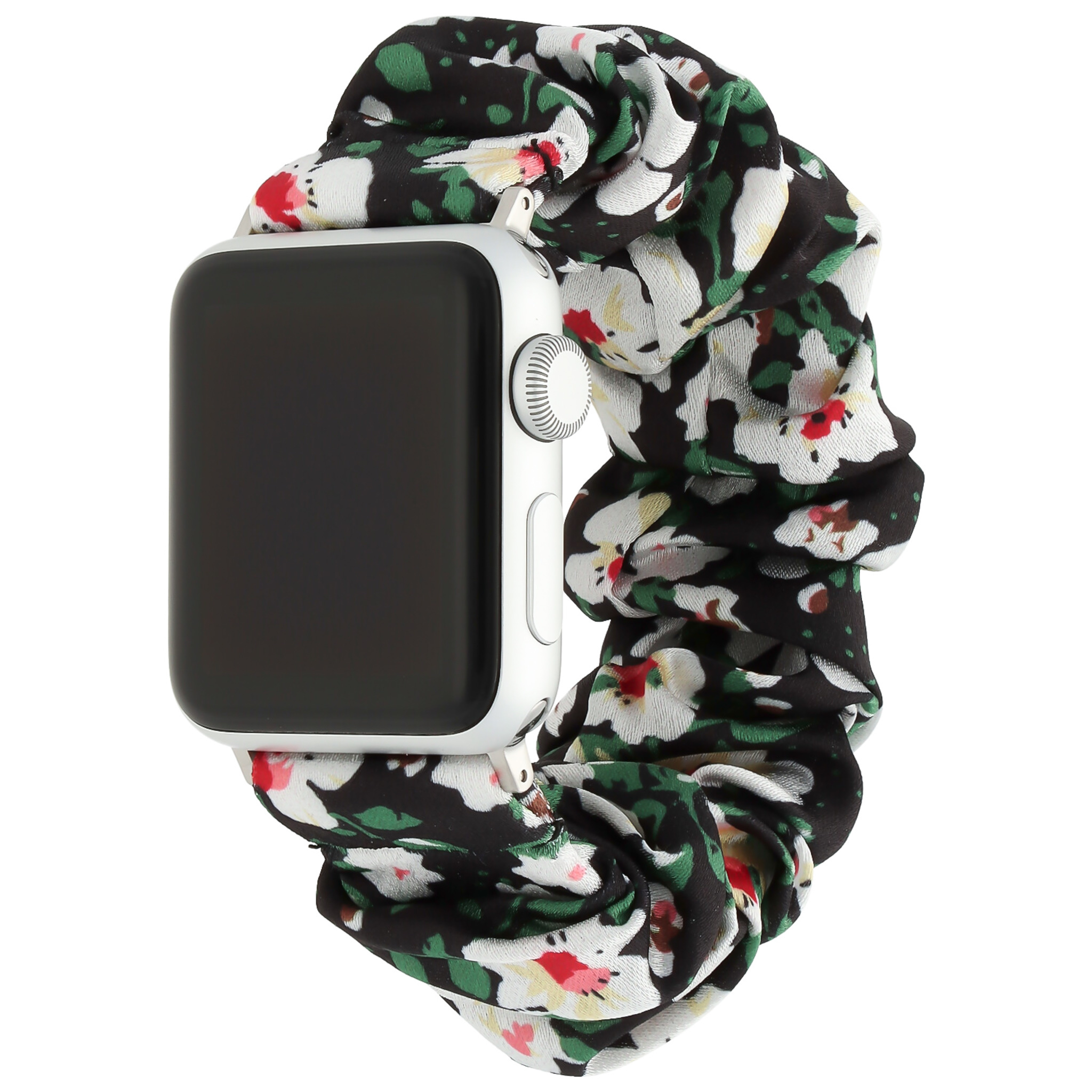 Apple Watch Nylon Scrunchie Strap - Black With White Flowers