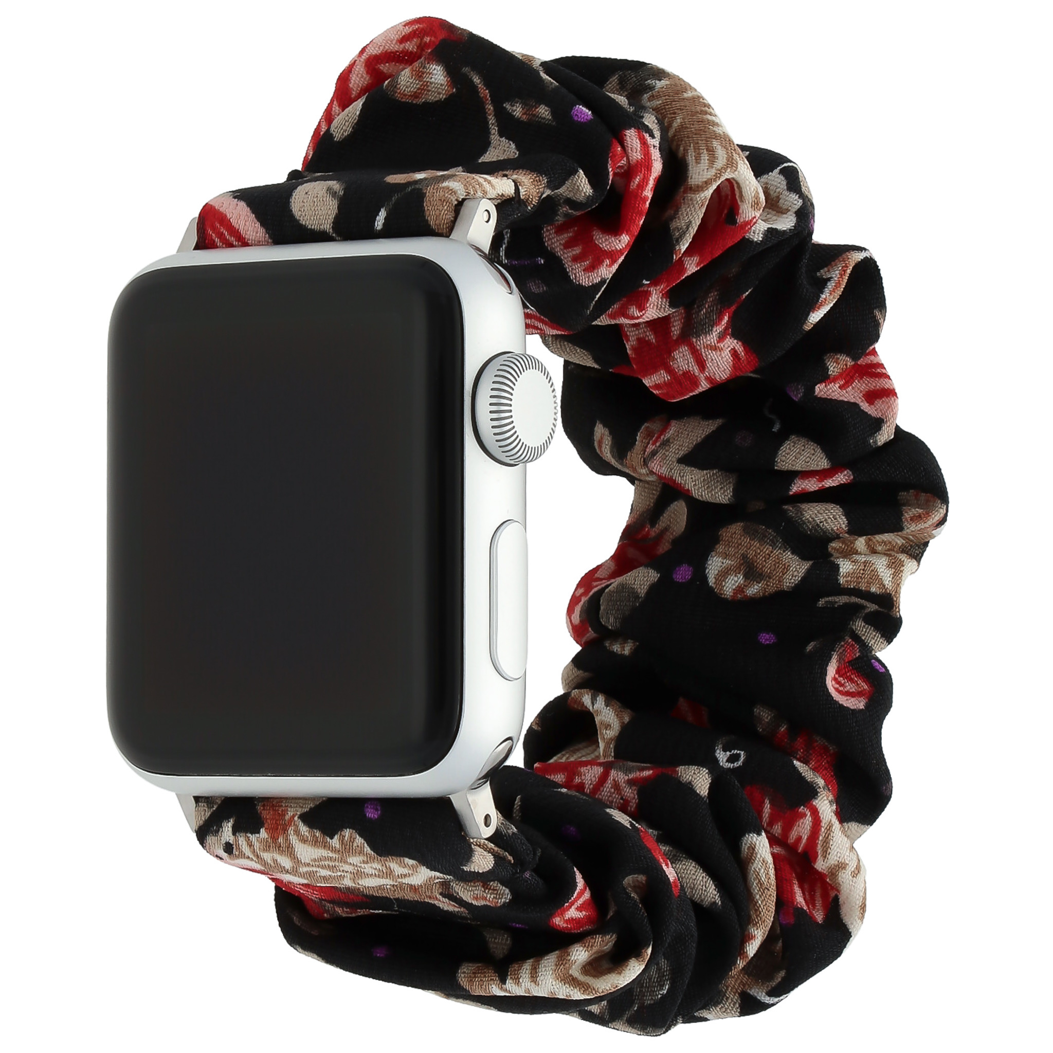 Apple Watch Nylon Scrunchie Strap - Black With Flowers