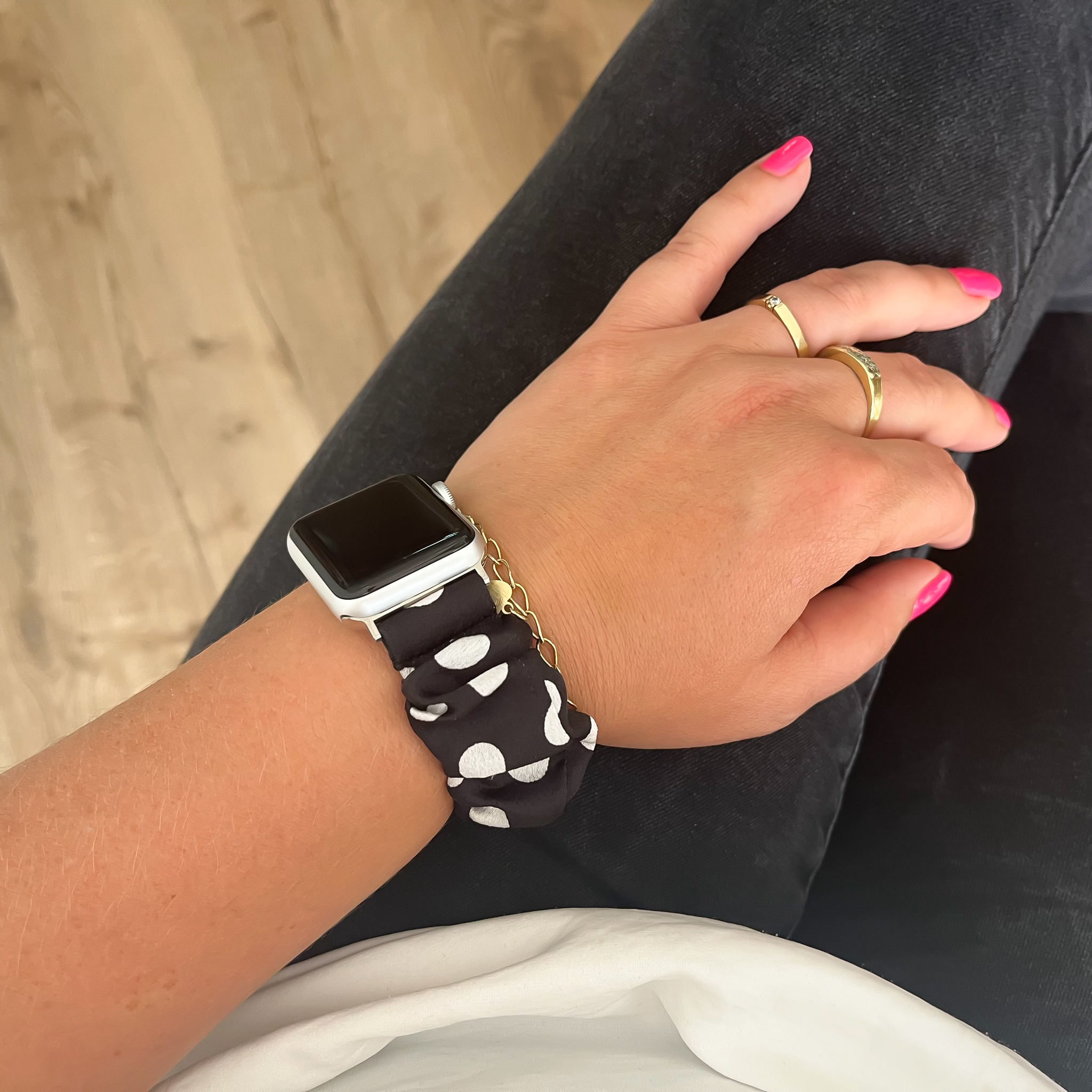 Apple Watch Nylon Scrunchie Strap - Black With White Polka Dots