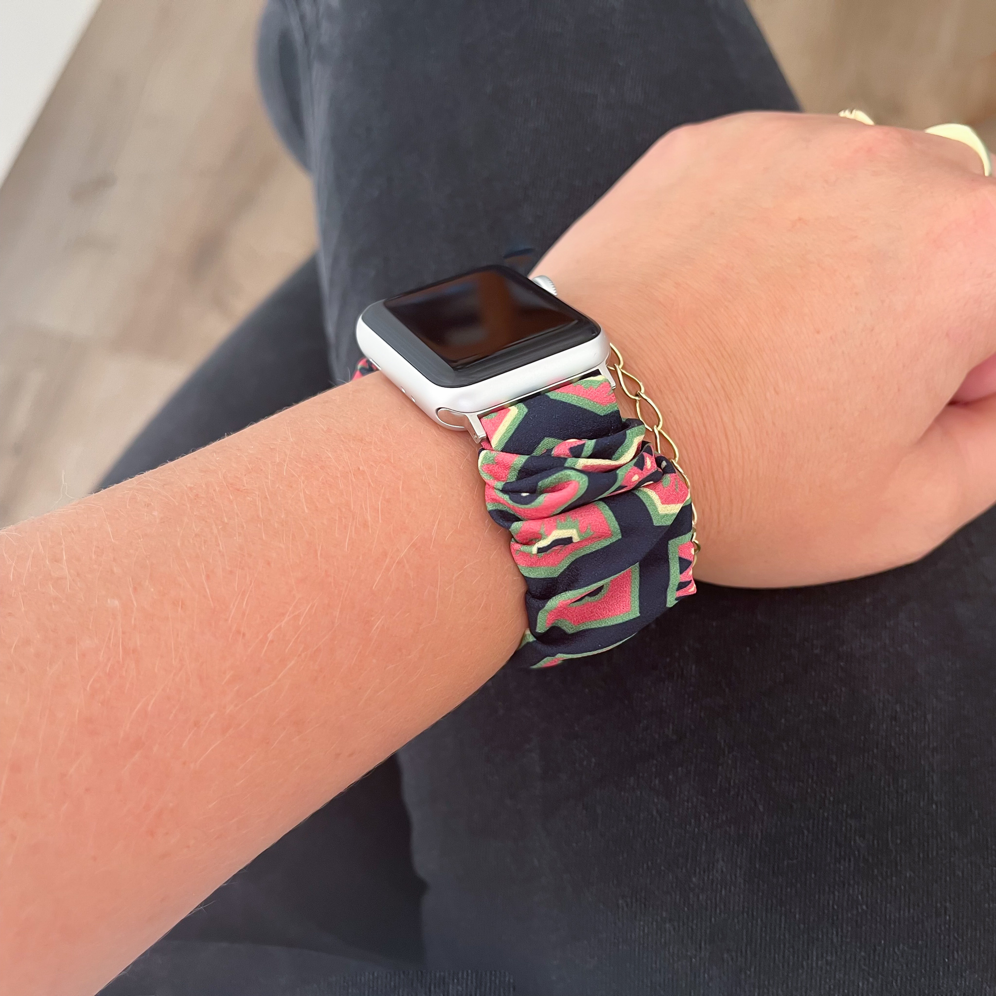 Apple Watch Nylon Scrunchie Strap - Dark Blue With Pink And Green